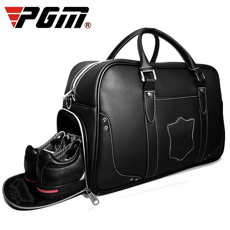 Bolsa de golf PGM negra para hombre, bolsa de transporte portátil con movimiento, bolsa para zapatos integrada, gran capacidad, de cuero YWB021 