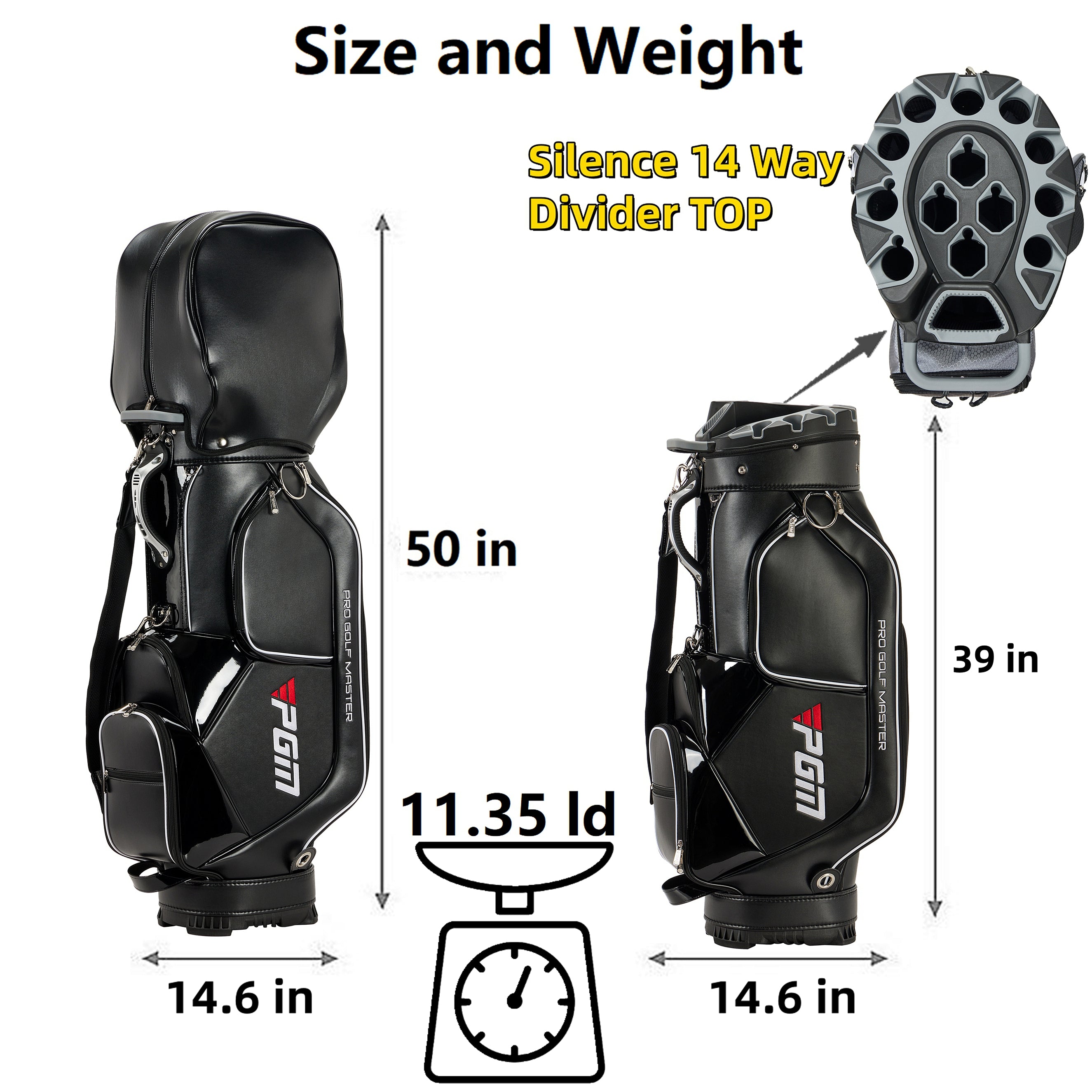Bolsa para carrito de golf PGM, organizador de 14 compartimentos, tapa silenciosa, impermeable, de cuero negro